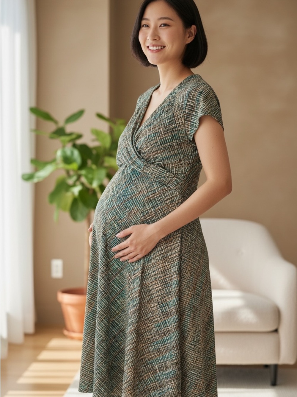 Leota Green Plaid Maternity Faux Wrap Midi Dress Made in NEW YORK